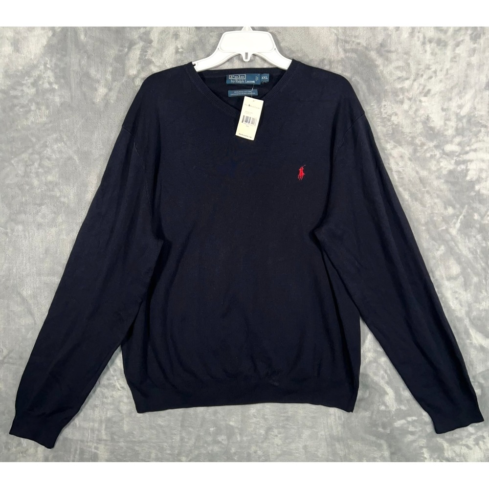 Polo Ralph Lauren V Neck Sweater Mens 2XL New Navy Blue Red Pony Pima Cotton